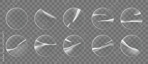 Transparent round plastic stickers, circle adhesive overlay patches, realistic vector. Adhesive patches and sticky film labels, transparent plastic foil stickers with crumpled or wrinkled texture