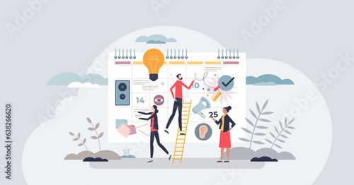 Event planning as celebration time schedule management tiny person concept. Date organization process for party, wedding or feast with arranging tasks vector illustration. Professional teamwork.