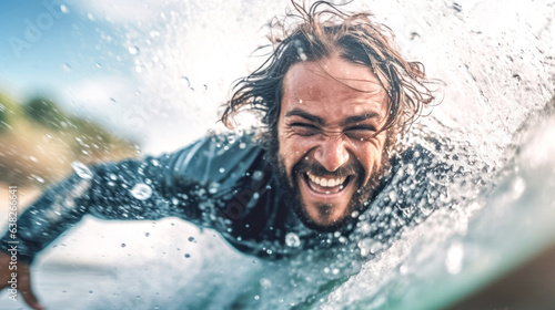 Happy surfer man paddling on surfboard in blue ocean on sunset. In motion summer. Generative ai. © JuliaDorian