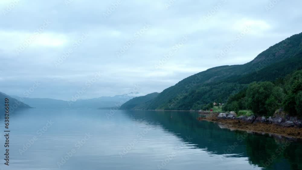 Scenic View Of Leirfjorden And Mountains In Sorfold, Norway. wide Scenic View Of Leirfjorden And Mountains In Sorfold, Norway. wide