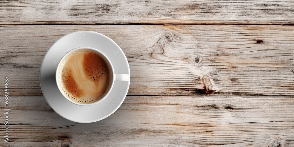 Cozy mornings with steaming cup of coffee. Wooden table set for breakfast delights. Rich aromas. Perfectly poured of espresso Cozy mornings with steaming cup of coffee. Wooden table set for breakfast delights. Rich aromas. Perfectly poured of espresso