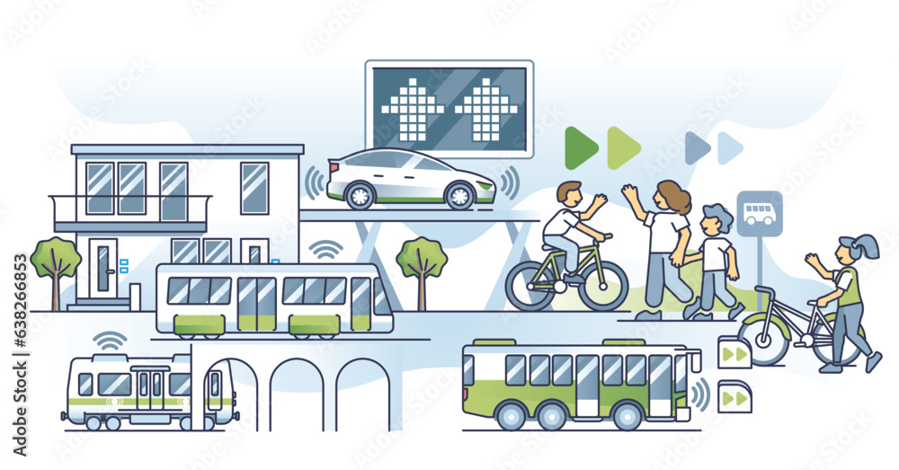 Future of transportation with green energy in modern society outline concept. Environmental infrastructure and sustainable public transportation with innovative self driven bus vector illustration. Future of transportation with green energy in modern society outline concept. Environmental infrastructure and sustainable public transportation with innovative self driven bus vector illustration.