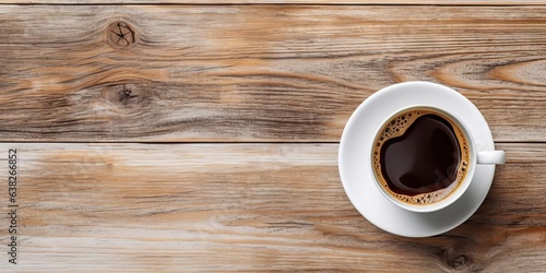 Cozy mornings with steaming cup of coffee. Wooden table set for breakfast delights. Rich aromas. Perfectly poured of espresso