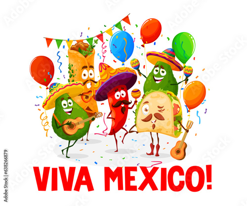Tex mex food characters on viva mexico holiday banner. Cartoon vector avocado, burrito, tacos and red chili pepper wear sombrero and mustaches playing maracas and guitar celebrating national festival