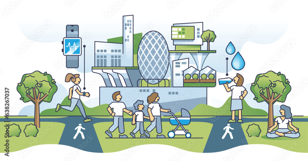Health and well being in modern nature friendly world with green environment outline concept. Healthy urban society with physical activities, suitable for families and recreation vector illustration. - obrazy, fototapety, plakaty 