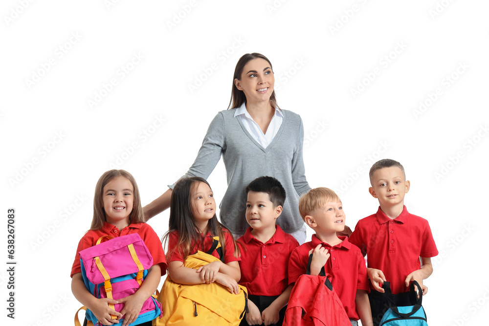 Little school children with female teacher on white background Little school children with female teacher on white background