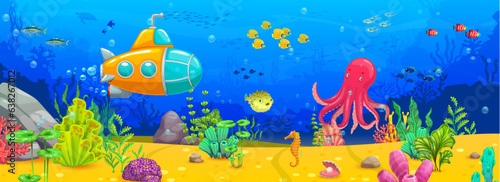 Cartoon octopus, submarine and fish shoals on underwater landscape vector background. Cute marine animals on tropical coral reef bottom, sea turtle, seahorse, pufferfish and seashell game background