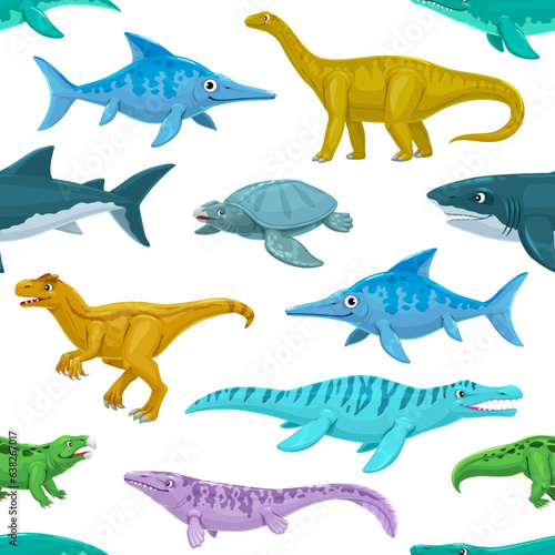 Cartoon reptile  dinosaur animal characters seamless pattern. Wrapping paper or textile vector print with Hyperodapedon  Vulcanodon  Megalodon and Ophthalmosaurus  Liopleurodon  Archelon cute dinosaur