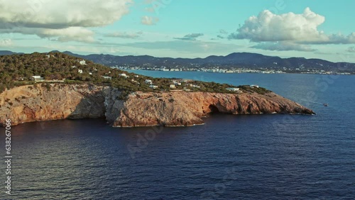 Aerial Revealed Coastal Town Of Sant Antoni de Portmany On Ibiza Western Coast In Spain. photo