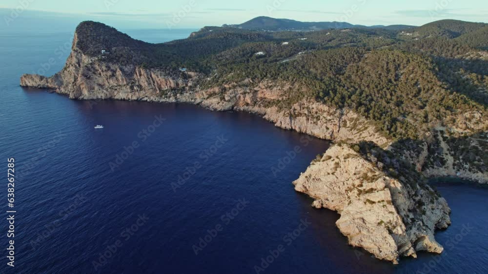 Panoramic Aerial View Of Cala Salada Cove Beach On Sant Antoni de Portmany In Ibiza, Spain. Panoramic Aerial View Of Cala Salada Cove Beach On Sant Antoni de Portmany In Ibiza, Spain.