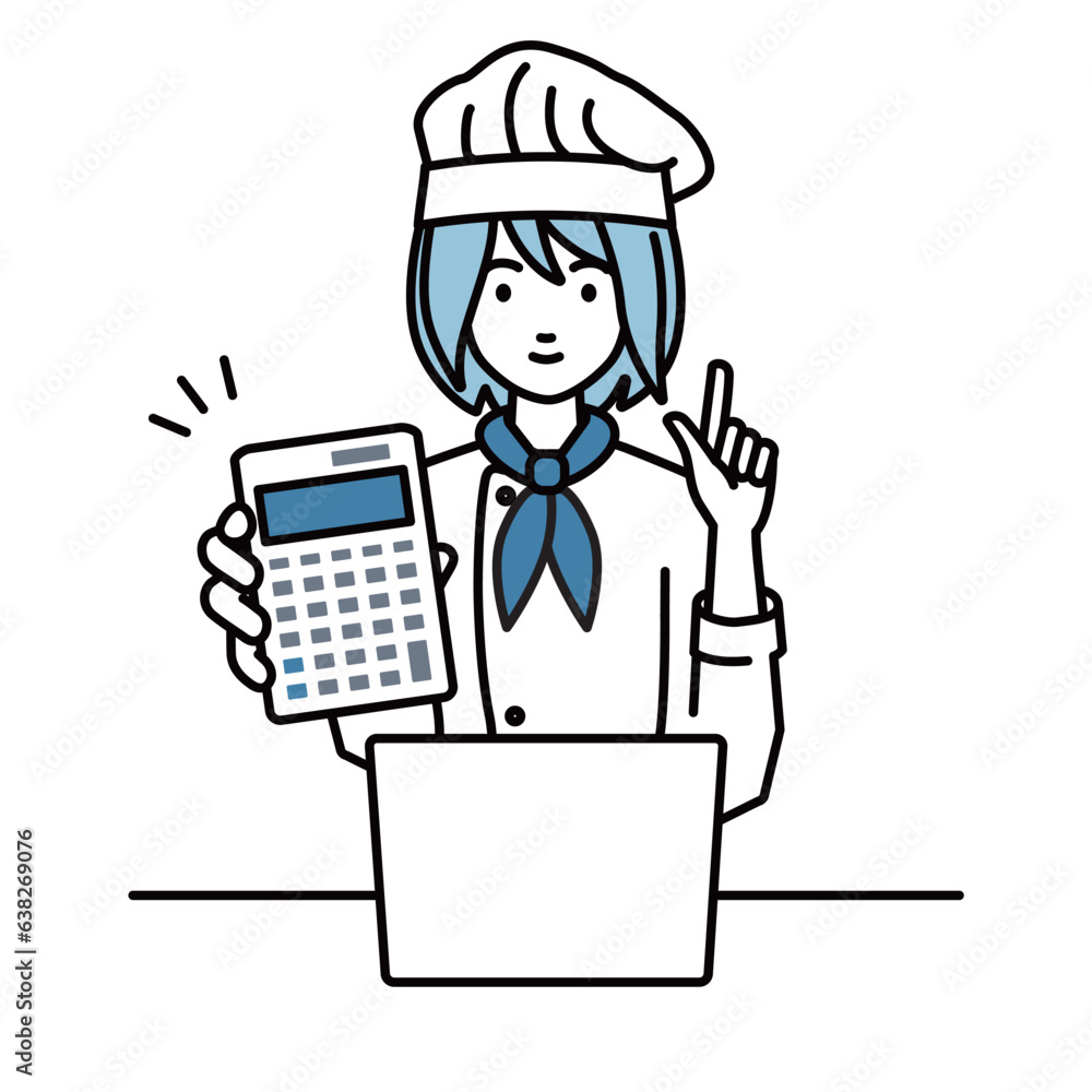 a woman cook recommending, proposing, showing estimates and pointing a calculator with a smile in front of laptop pc a woman cook recommending, proposing, showing estimates and pointing a calculator with a smile in front of laptop pc