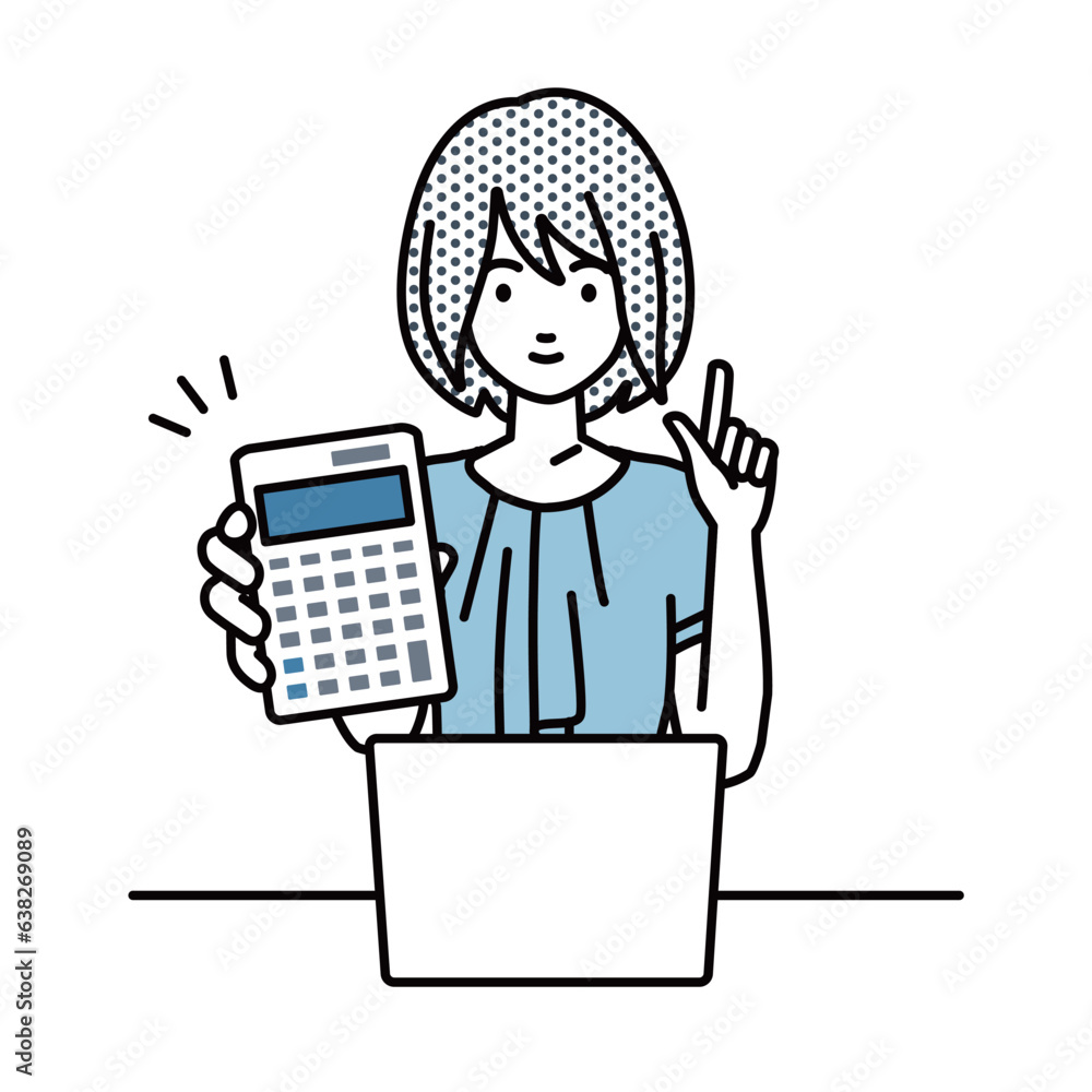 a woman in casual work style recommending, proposing, showing estimates and pointing a calculator with a smile in front of laptop pc a woman in casual work style recommending, proposing, showing estimates and pointing a calculator with a smile in front of laptop pc