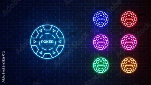 Poker chip neon icon set. Glowing chips sign. Vector illustration 