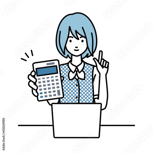 a woman in clerical uniform recommending, proposing, showing estimates and pointing a calculator with a smile in front of laptop pc