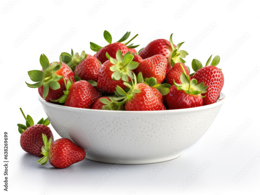 Bowl with strawberries and green leaves on a white background Bowl with strawberries and green leaves on a white background