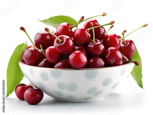 Bowl with cherries and green leaves on a white background