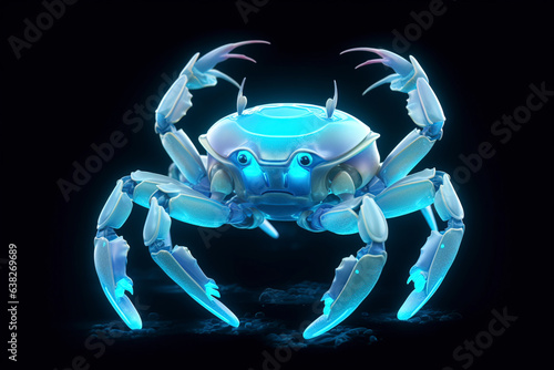 A robotic snow crab in blue on a black background. (Generative AI)