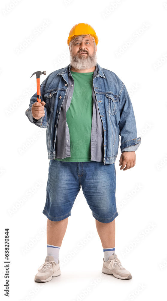 Portrait of senior man in hardhat with hammer isolated on white background. Labor Day celebration