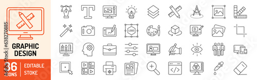 Graphic Design editable stroke outline Icons set. Graphic design, digital, web design, creative ideas, painting, portfolio, software and print. Vector illustration