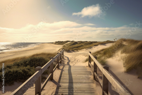 A path to the beach with old wooden fences and sand dunes