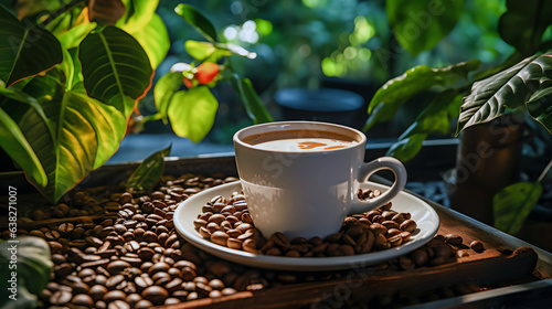 Coffee in white coffee cup on table with coffee beans and coffee plant