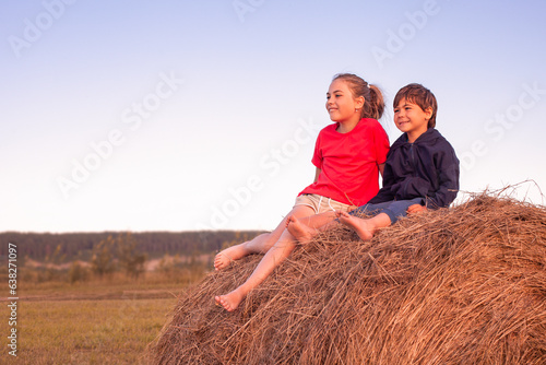 Two children sit on a haystack in the field at sunset. 