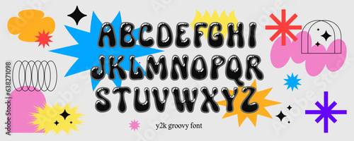 Vector y2k groovy psychedelic font. Modern retro fun hand drawn curvy alphabet. Trippy simple geometric elements. Liquid shape ABC. Dope euphoria typeface. Risograph color hippie letters