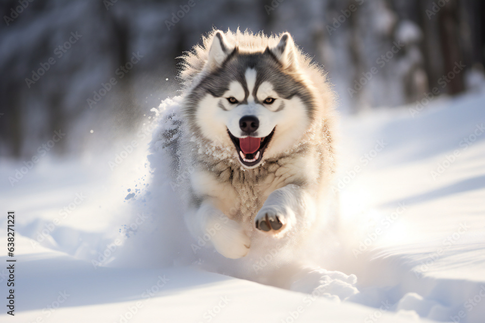 Alaskan malamute running happy in the snow