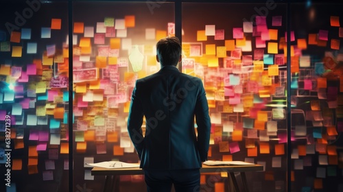 businessman is looking and analyzing sticky note on brainstorming board of his business office.