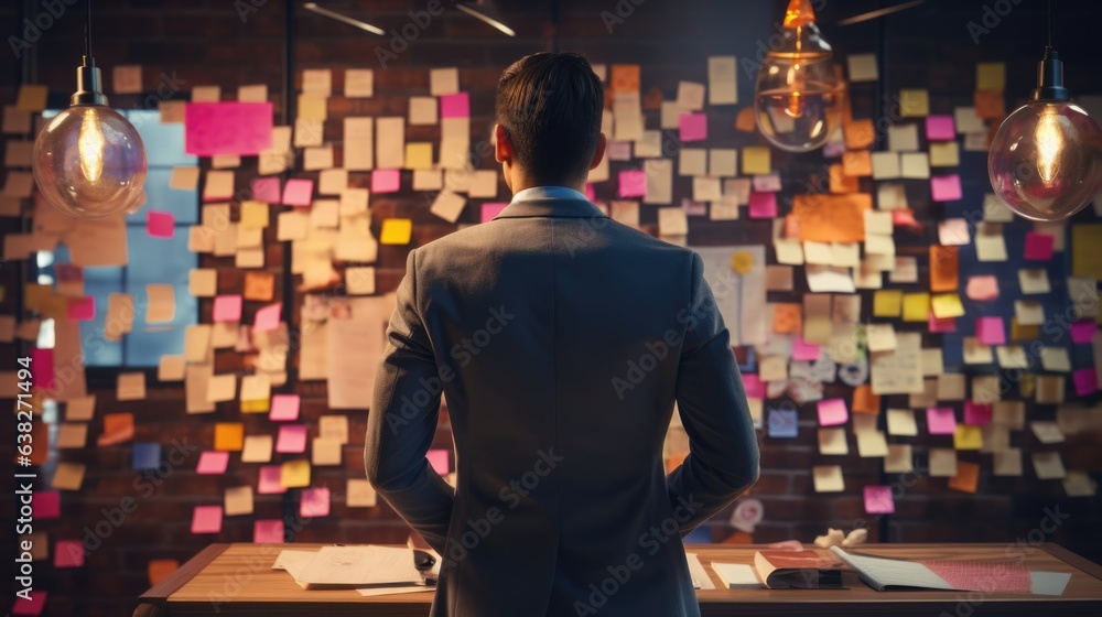 businessman is looking and analyzing sticky note on brainstorming board of his business office. - obrazy, fototapety, plakaty 