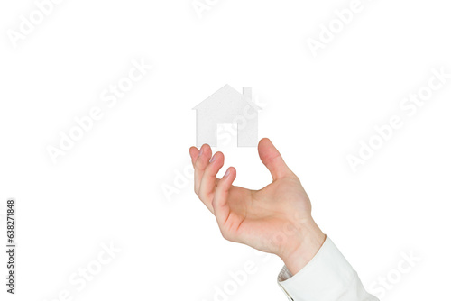 Digital png photo of hand of caucasian man holding house on transparent background