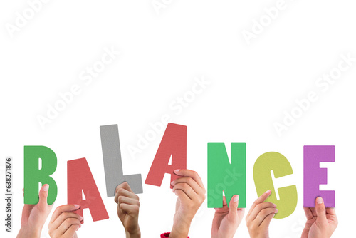 Digital png illustration of hands with balance text on transparent background