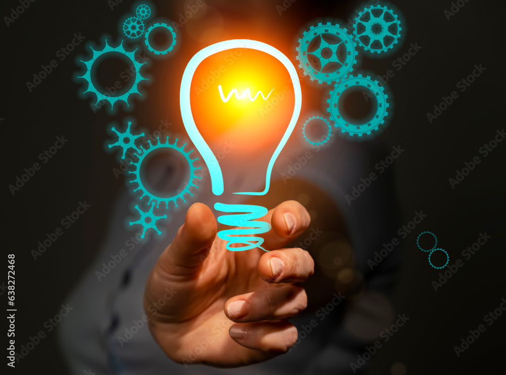 New technology invention concept, innovation and development, engineer in hand holding light bulb with gears icons. New technology invention concept, innovation and development, engineer in hand holding light bulb with gears icons.