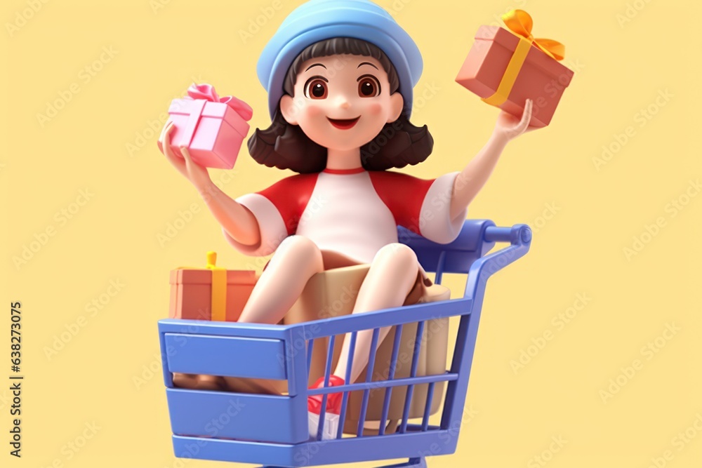 A girl and shopping cart shopping concept 3d Tiny cute isometric Generative AI. A girl and shopping cart shopping concept 3d Tiny cute isometric Generative AI.