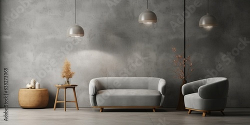 Industrial style interior with gray sofa and gray armchair on dark cement wall, Generative AI