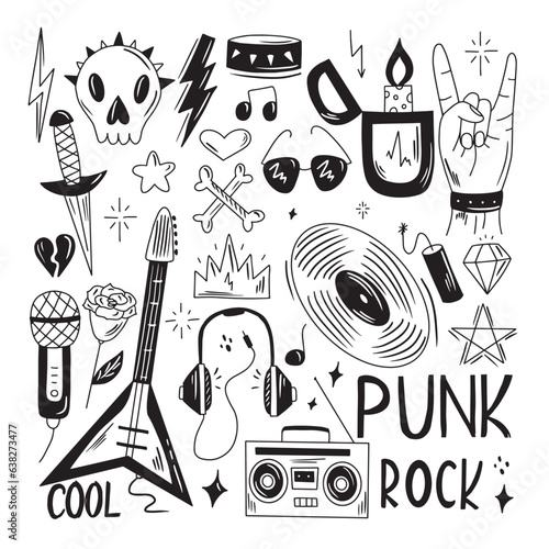 Rock n roll, punk music doodle set. Graffiti, tattoo hand drawn sticker, text, skull, heart, skate, gesture hand. Grunge rock vector illustration.