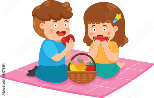 illustration cartoon kid boy and girl picnic on the park