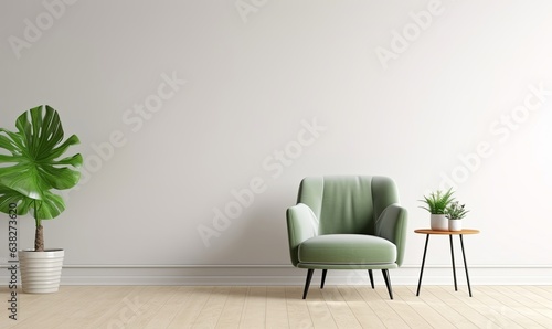 White minimalist interior living room has a green armchair on empty white color wall background, Generative AI © Dhriti