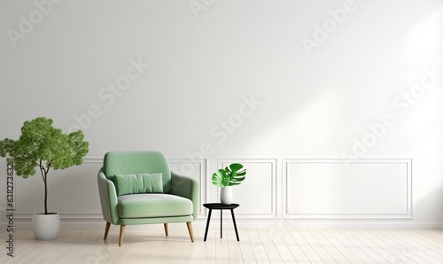 White minimalist interior living room has a green armchair on empty white color wall background  Generative AI