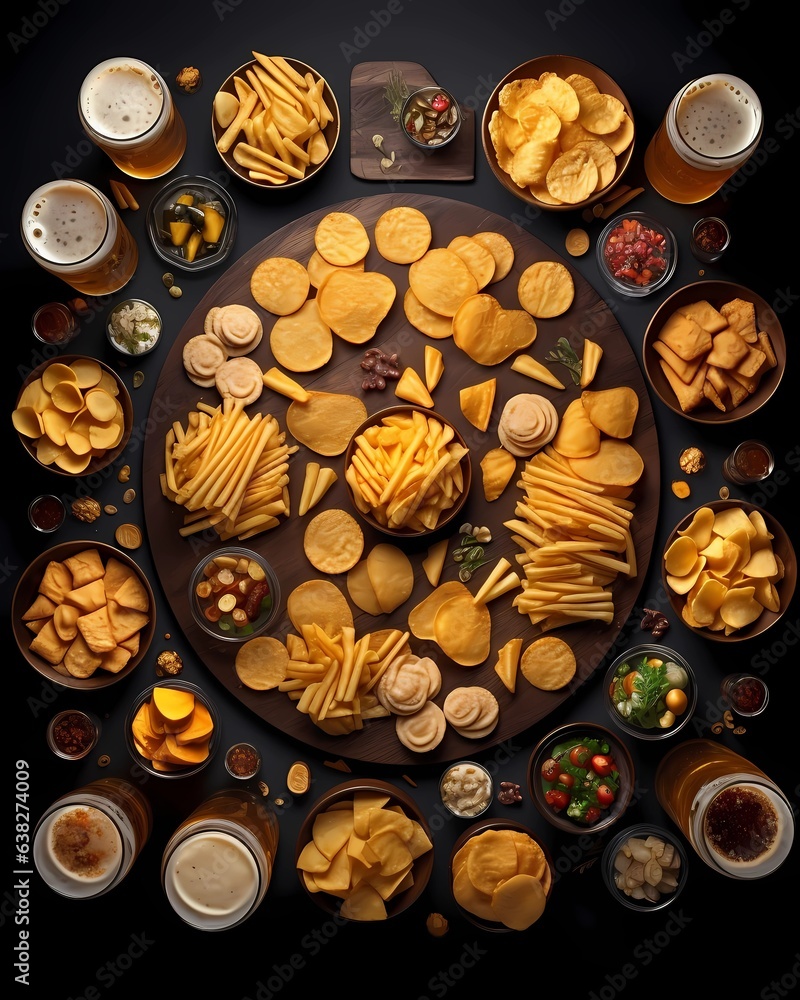 set of snacks for beer on a dark background, top view set of snacks for beer on a dark background, top view