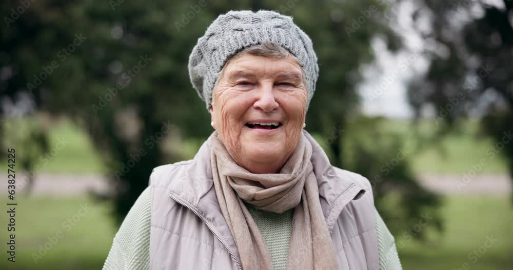 Senior person, smile and happy face in a park for a walk in retirement with outdoor wellness and gratitude. Nature, relax and elderly portrait with travel and winter vacation in a garden on holiday Senior person, smile and happy face in a park for a walk in retirement with outdoor wellness and gratitude. Nature, relax and elderly portrait with travel and winter vacation in a garden on holiday