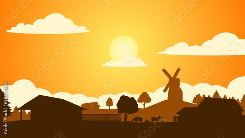 Countryside landscape vector illustration. Farm silhouette landscape with windmill  cow and village. Rural agriculture silhouette landscape for background  wallpaper  display or landing page