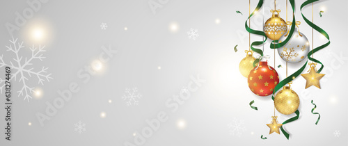 Silver banner with Christmas ornaments and ribbons on the side, snowflakes, stars elements