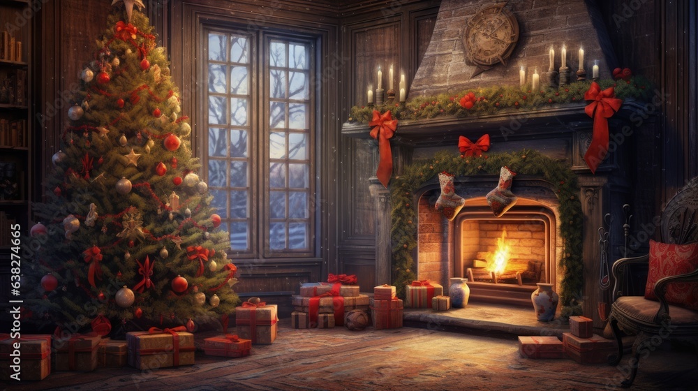 interior Christmas. magic glowing tree, fireplace, green red wrapping gifts