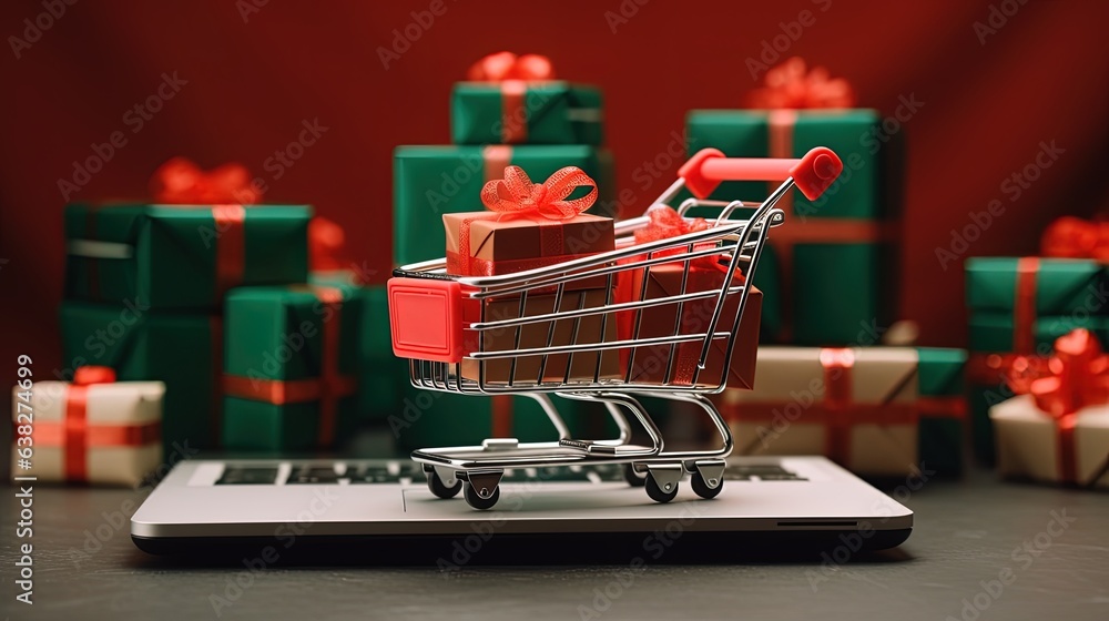 Gift box wrapped in red paper with green ribbon in small trolley, mini pushcart, cart are on laptop computer