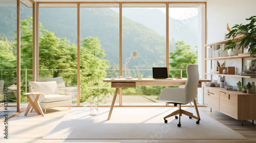 A working desk in a bright and airy living room, with a view of the outdoors.