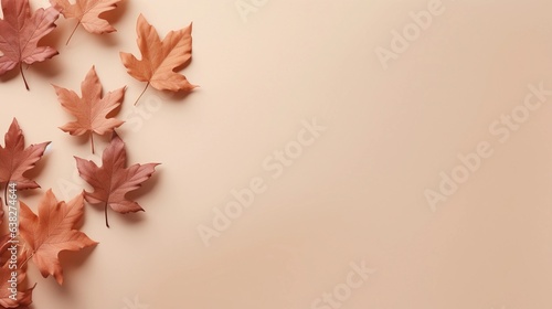 Maple oak birch aspen sweetgum leaves pattern on soft brown background, autumn leaves, top view with space for text, minimalism style, AI generated. photo