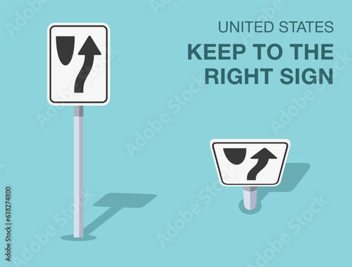 Traffic regulation rules. Isolated United States keep to the right sign. Front and top view. Flat vector illustration template.