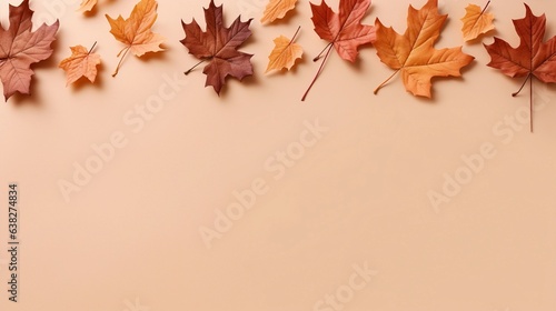 Maple oak birch aspen sweetgum leaves pattern on soft brown background, autumn leaves, top view with space for text, minimalism style, AI generated. photo