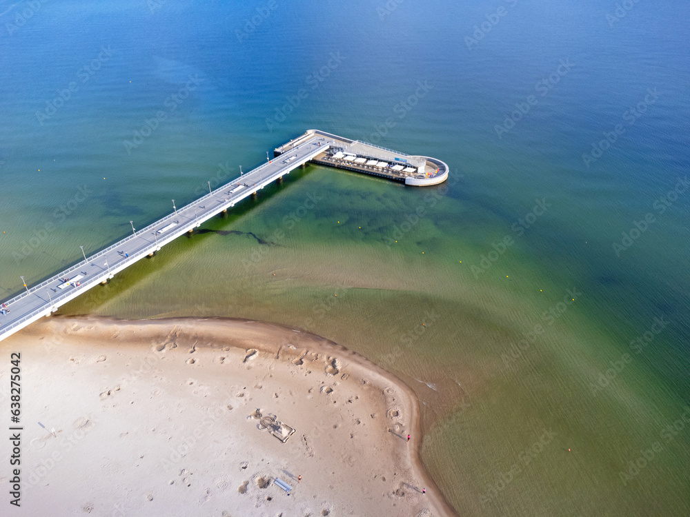 Aerial view landscape, view of the Baltic sea , Kolobrzeg pier and empty beach